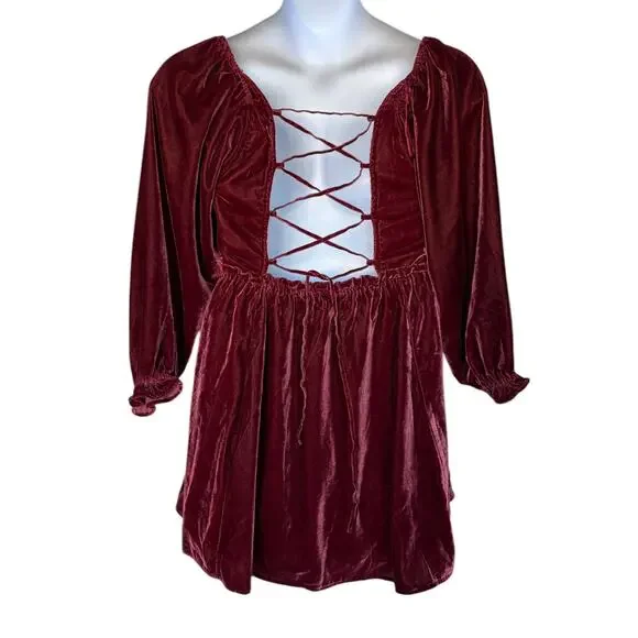 Free People Burgundy Velvet Babydoll Mini Dress w Smocked Bodice Lace Tie Back M - Picture 5 of 11